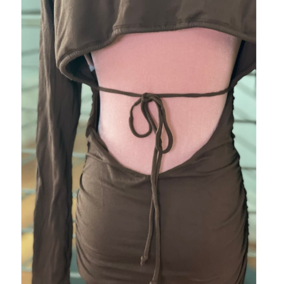 Naked Wardrobe Ruched Long Sleeve Back Cutout Mini Dress in Chocolate - Picture 8 of 11